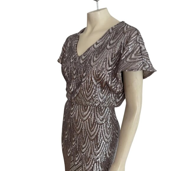 BETSY & ADAM Art Deco V-neck Sequins Formal Dress in Silver Mocha SZ 6 - Picture 3 of 10